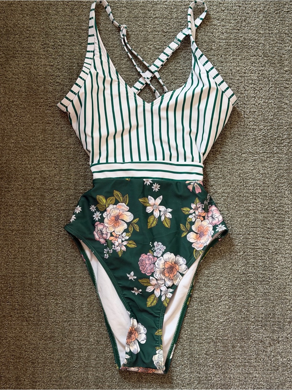 Striped & Floral Green One-Piece Swimsuit